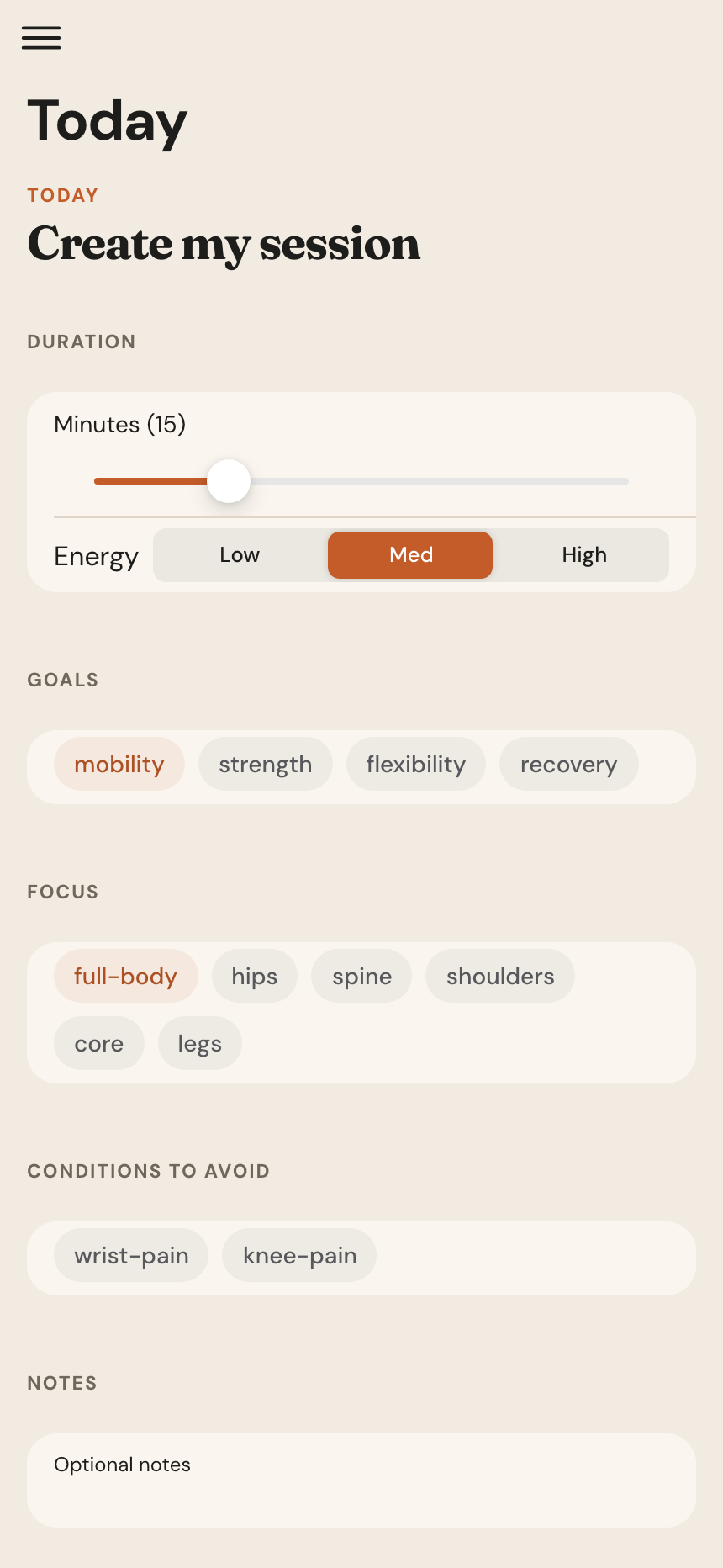 Flowly Today screen with a Create my session form and pose-graph coaching copy